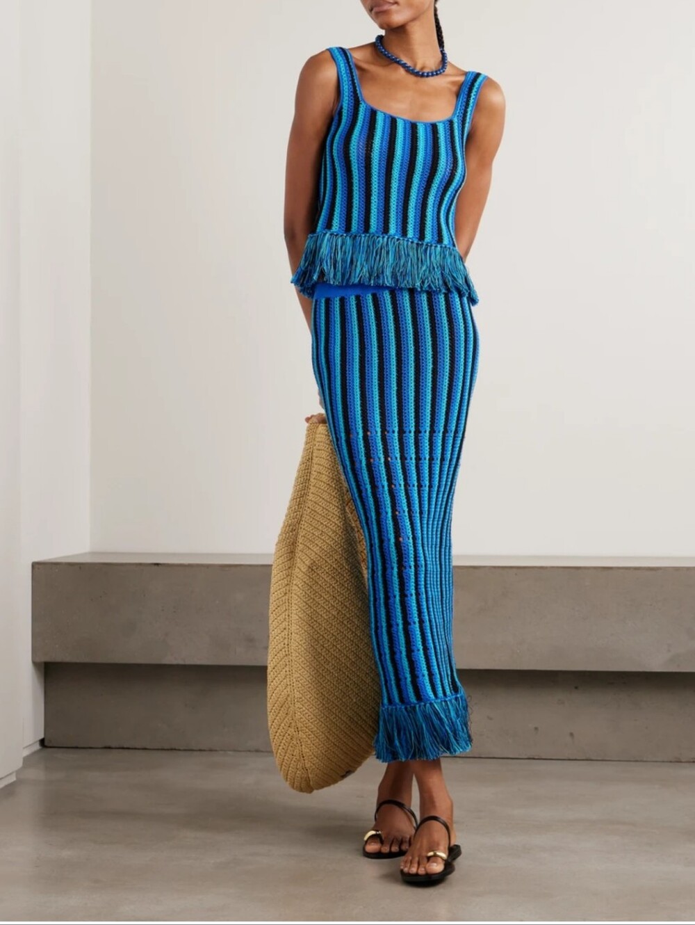 Escvdo Misti Fringed Blue Striped Crochet Maxi Skirt And Top Set NWT